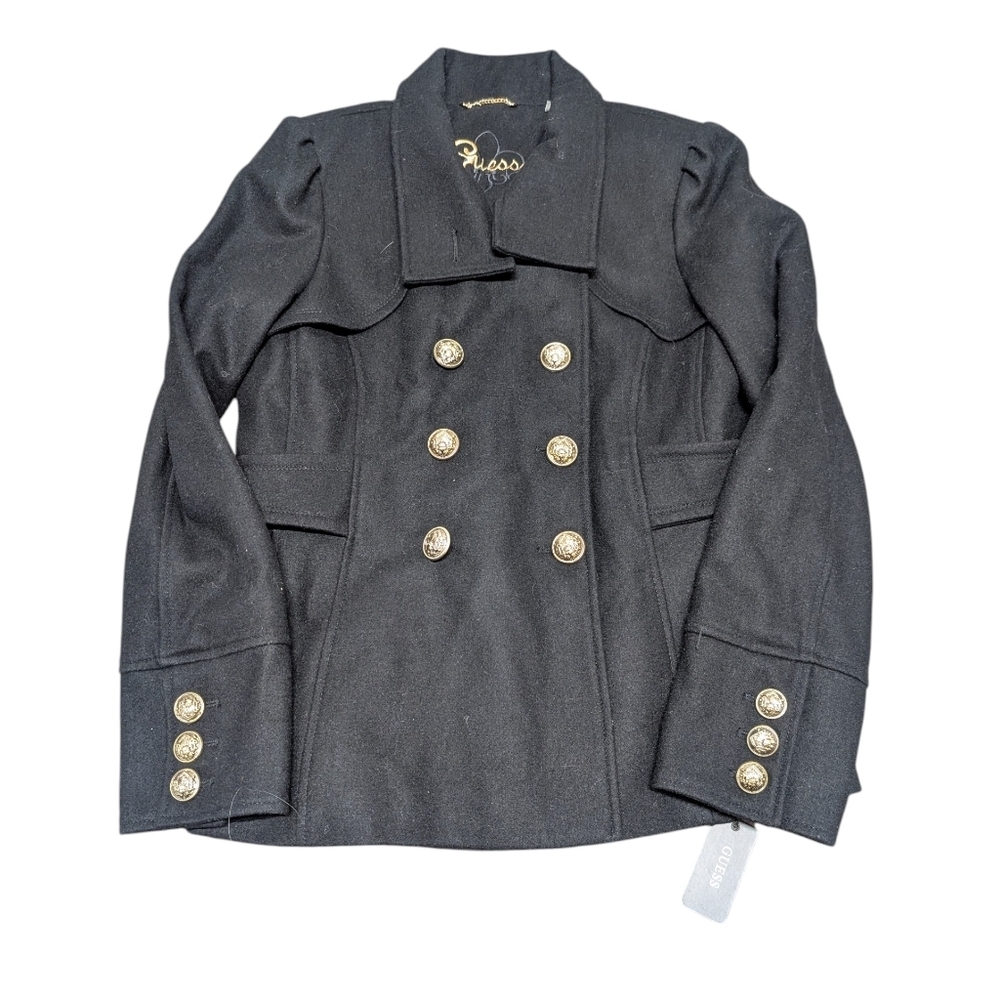 Guess Black Double Breasted Button Wool Pea Coat Women's Large New